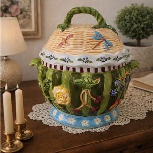 Tracy Porter Multicolor Ceramic Cookie Jar with Floral and Dragonfly Motifs 90,s